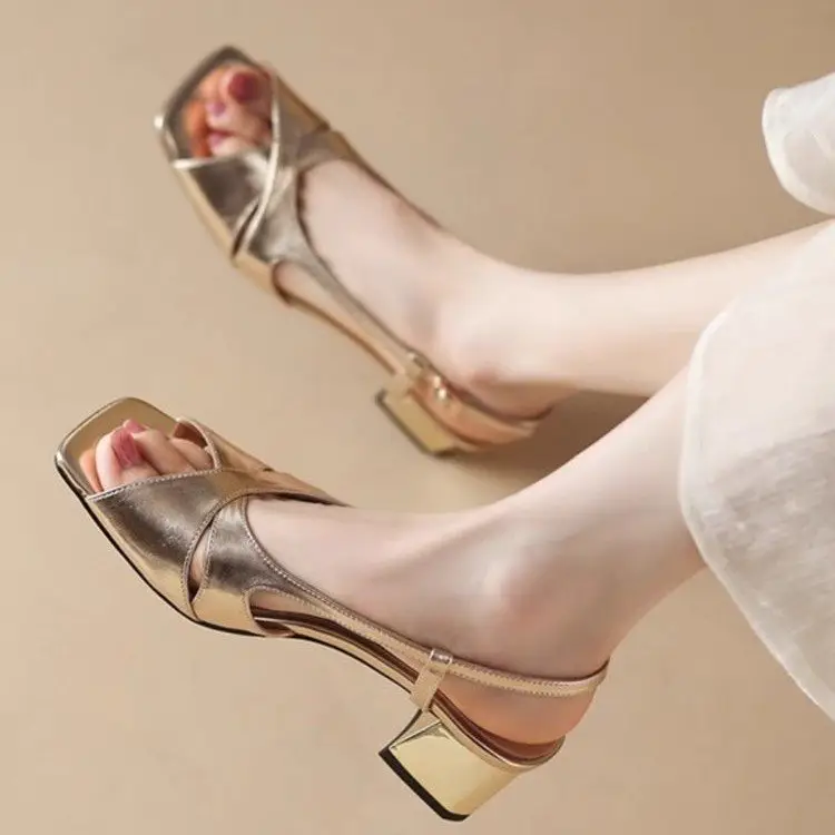 French Open-Toe Bough Heel Sandals Women's 2025 Summer New Arrival Trip Strap Square Toe Gold and Silver All-Match Rear Empty High-Heel Shoes - Image 4