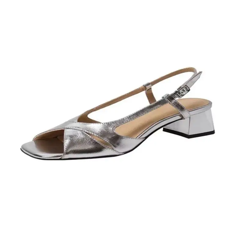 French Open-Toe Bough Heel Sandals Women's 2025 Summer New Arrival Trip Strap Square Toe Gold and Silver All-Match Rear Empty High-Heel Shoes - Image 5