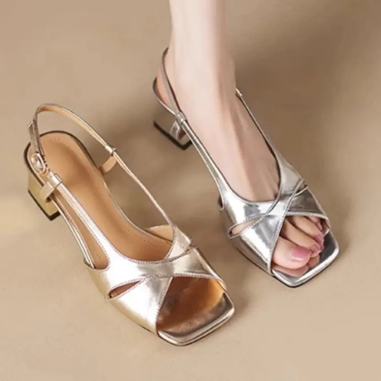 French Open-Toe Bough Heel Sandals Women's 2025 Summer New Arrival Trip Strap Square Toe Gold and Silver All-Match Rear Empty High-Heel Shoes — feature 15