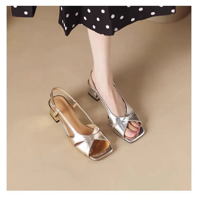 French Open-Toe Bough Heel Sandals Women's 2025 Summer New Arrival Trip Strap Square Toe Gold and Silver All-Match Rear Empty High-Heel Shoes — feature 2