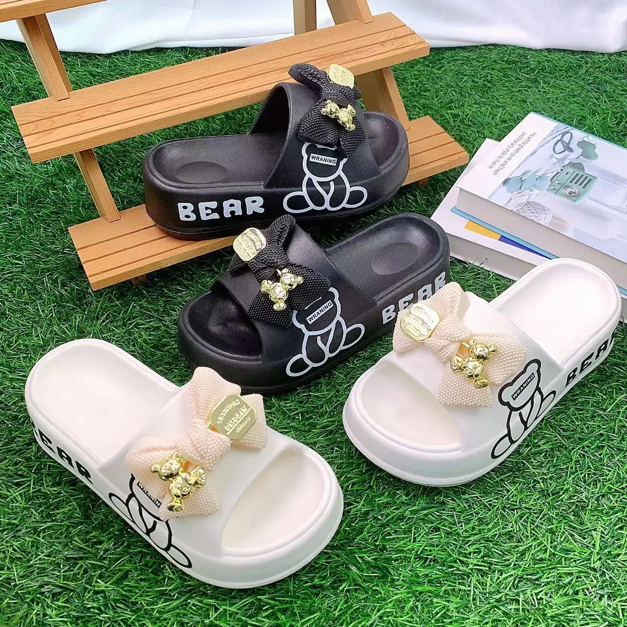 Women's White Bear Bow EVA Slippers Spring Summer — feature 1