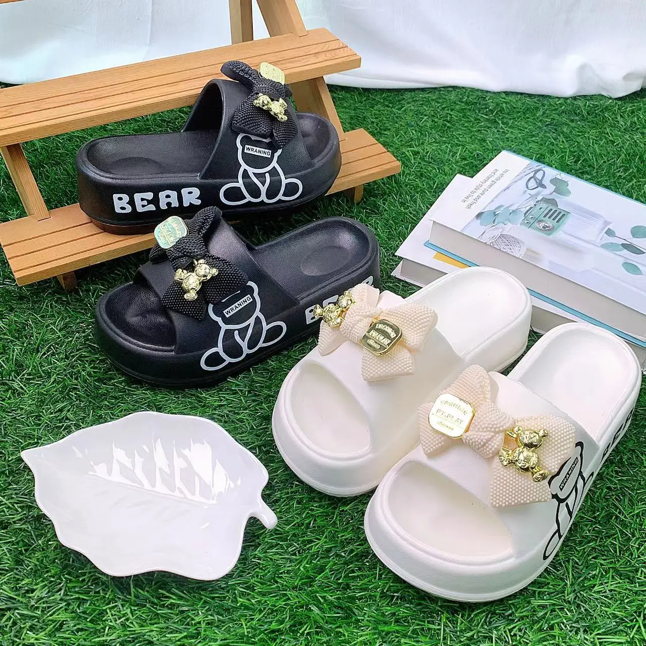 Women's White Bear Bow EVA Slippers Spring Summer — feature 2