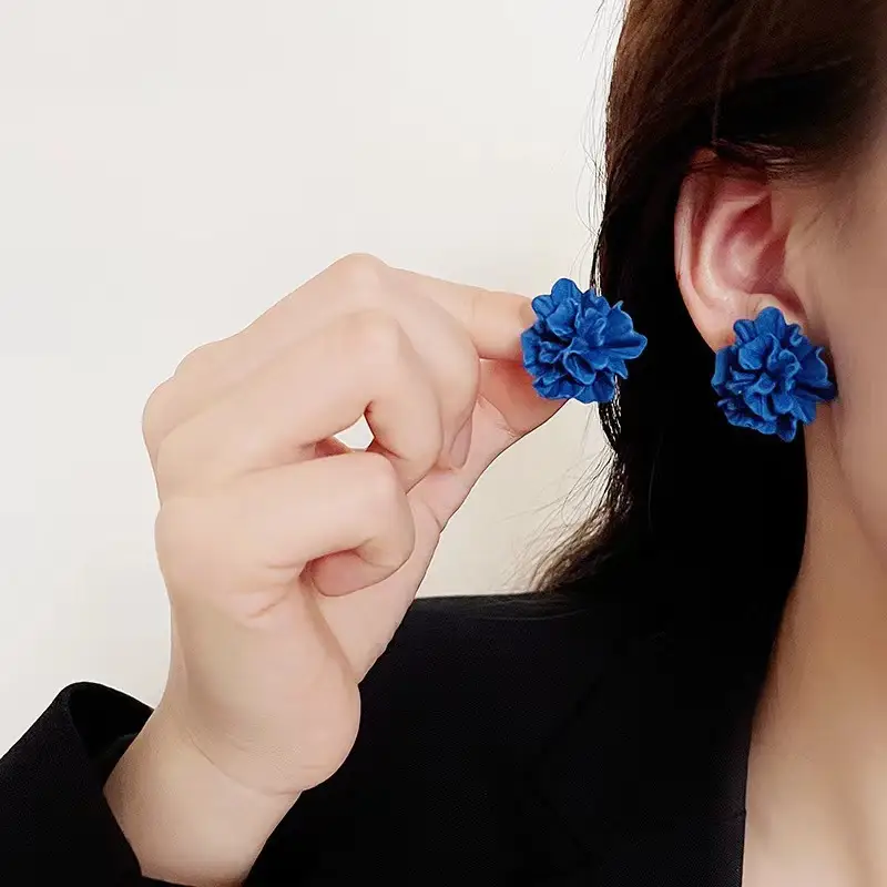 Blue 3D Pleated Flower Earrings for Women - Image 3