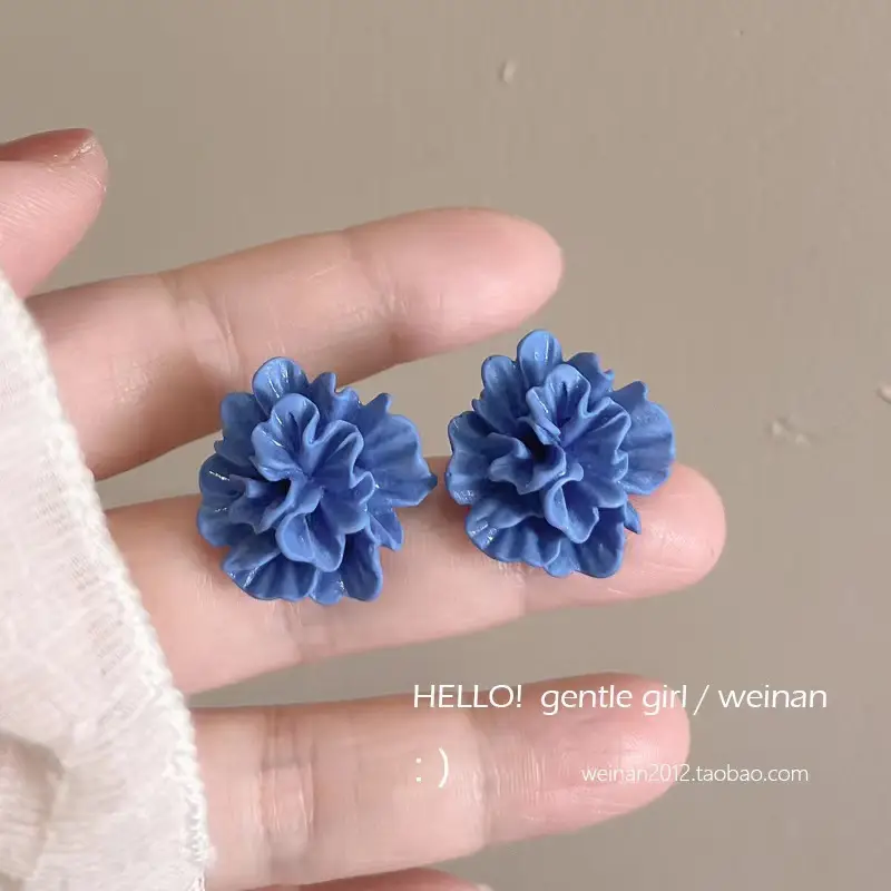 Blue 3D Pleated Flower Earrings for Women — feature 2
