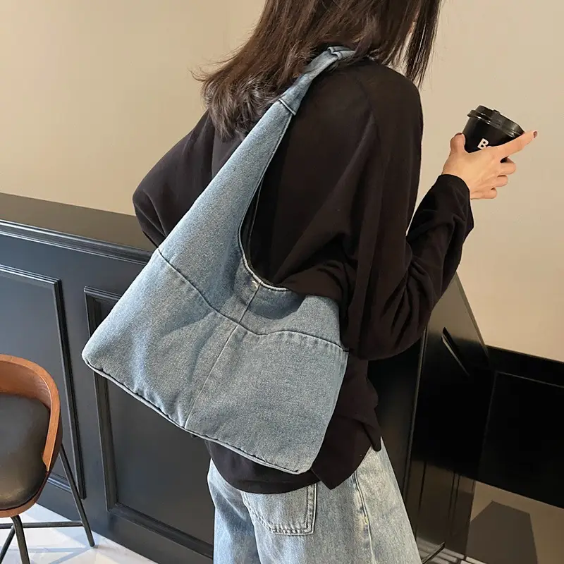 Women Denim Shoulder Bag Commuter Light Blue - Image 4