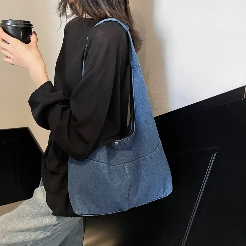 Women Denim Shoulder Bag Commuter Light Blue - Image 5