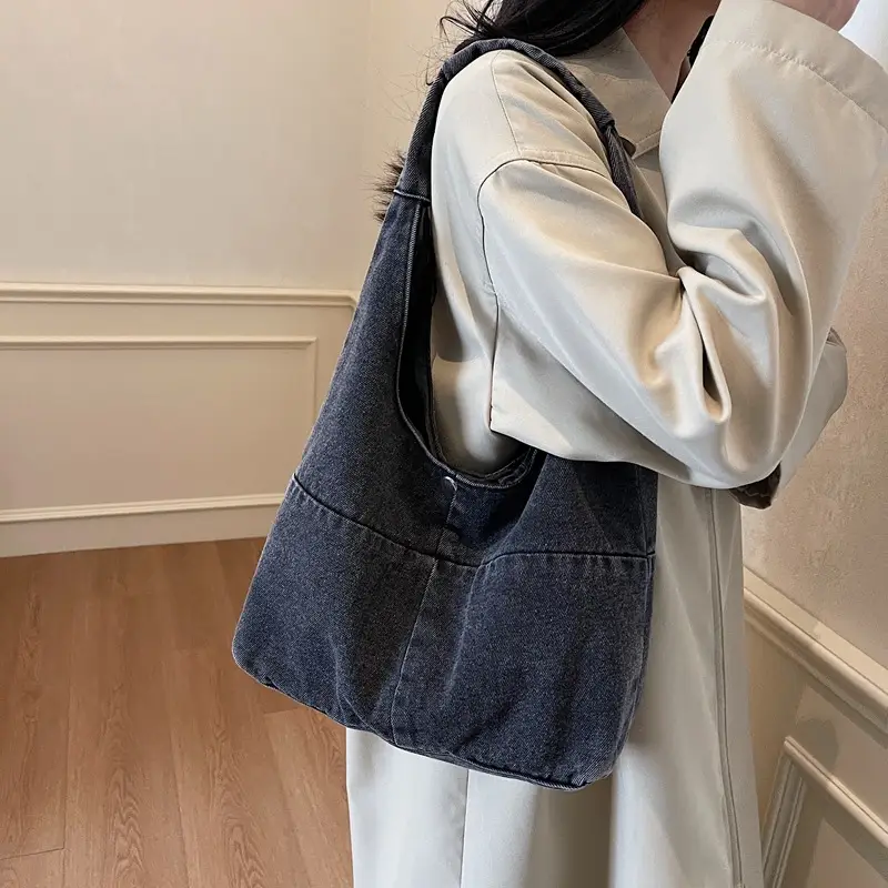 Women Denim Shoulder Bag Commuter Light Blue - Image 6
