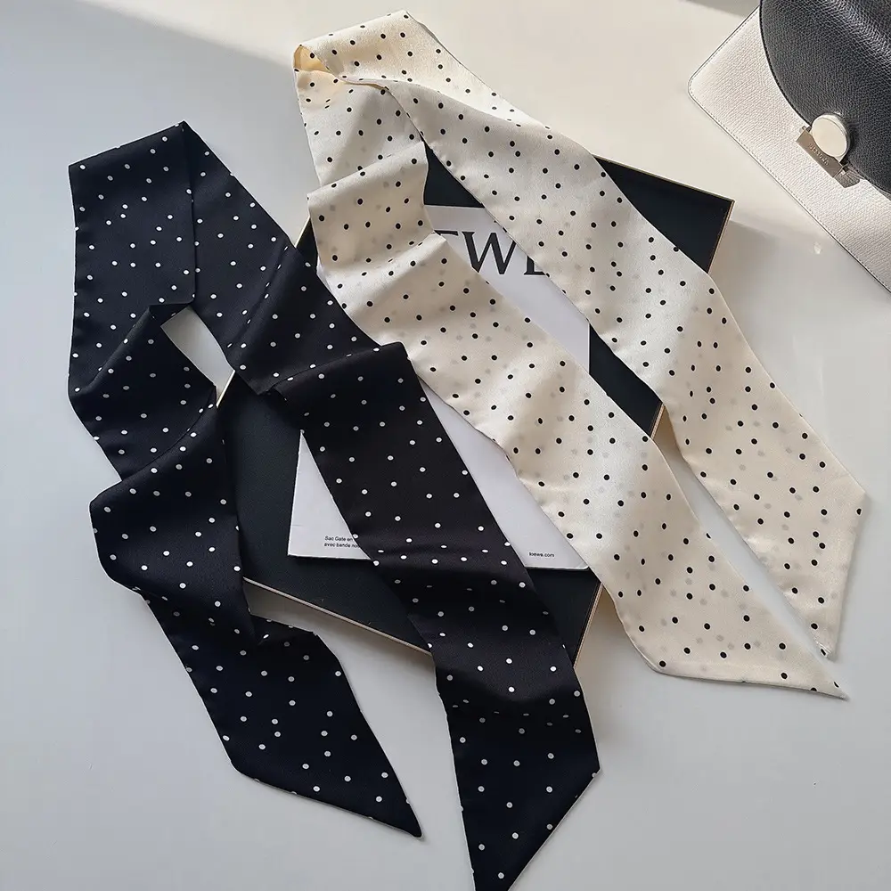 Black Silk Scarf with White Dot Pattern for Women - Image 4