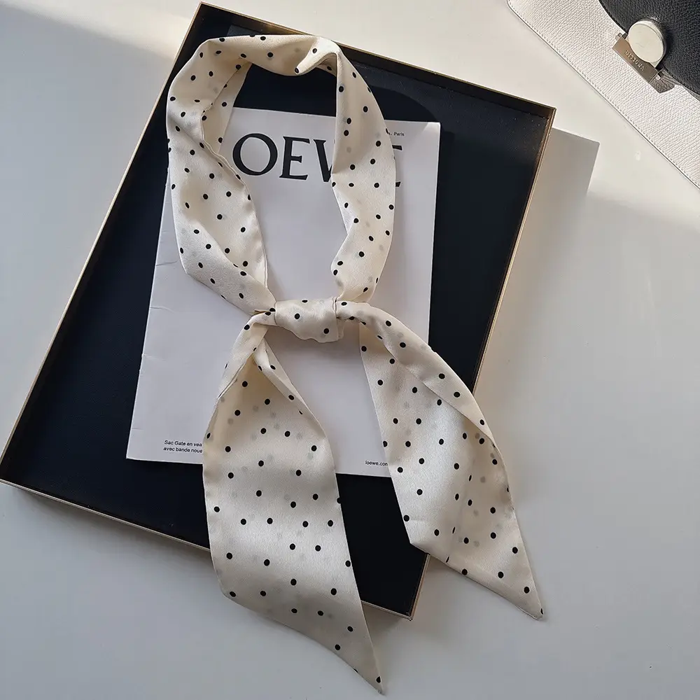 Black Silk Scarf with White Dot Pattern for Women - Image 6