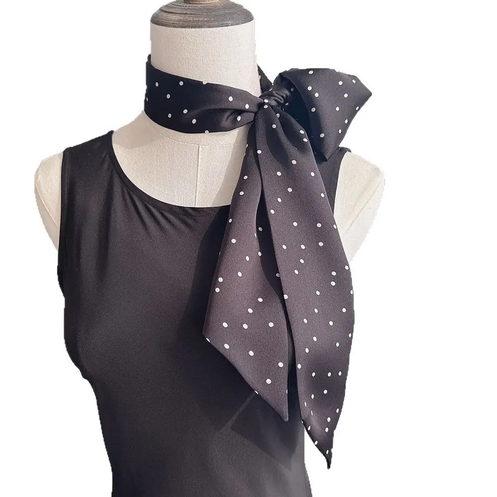 Black Silk Scarf with White Dot Pattern for Women - Image 7