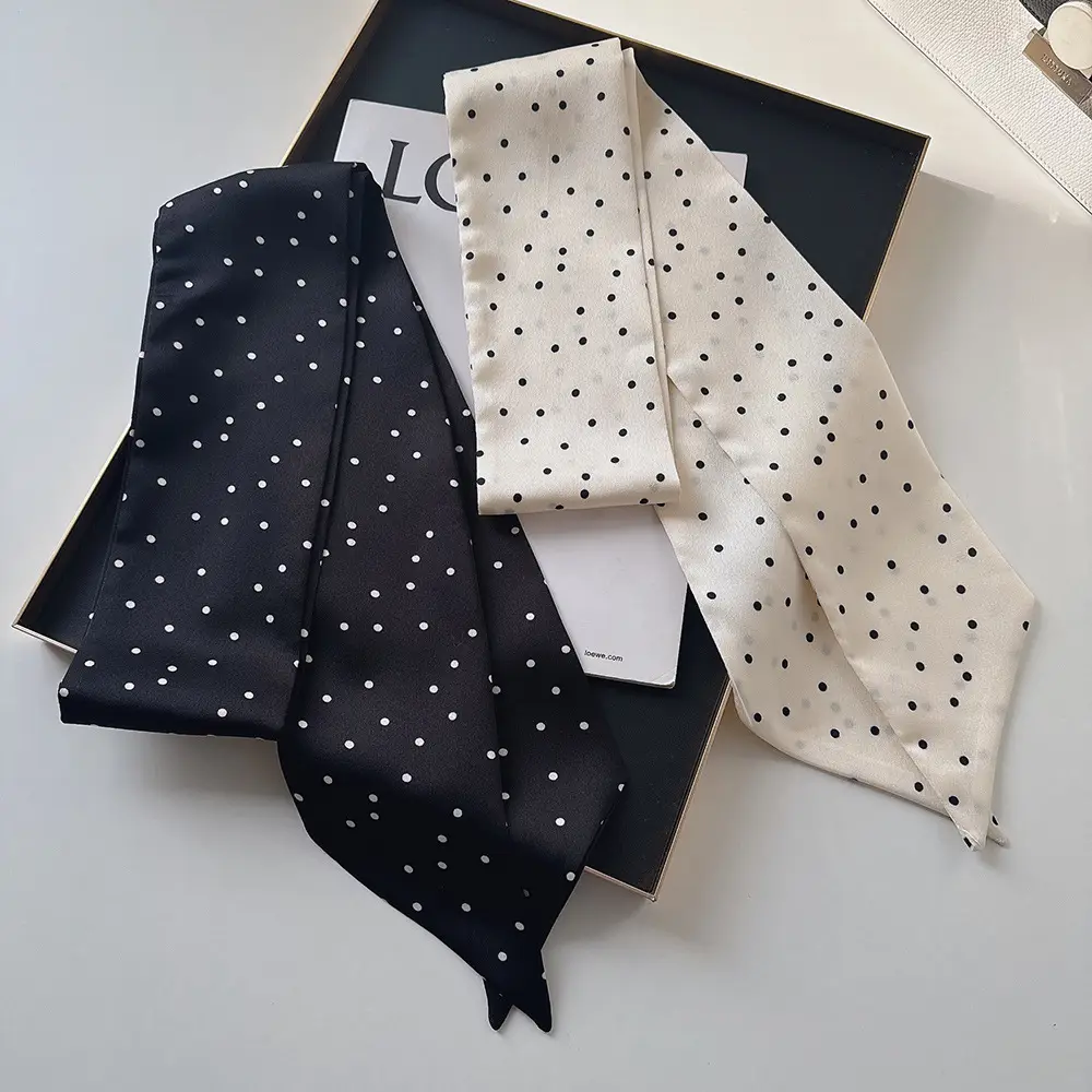 Black Silk Scarf with White Dot Pattern for Women — feature 2