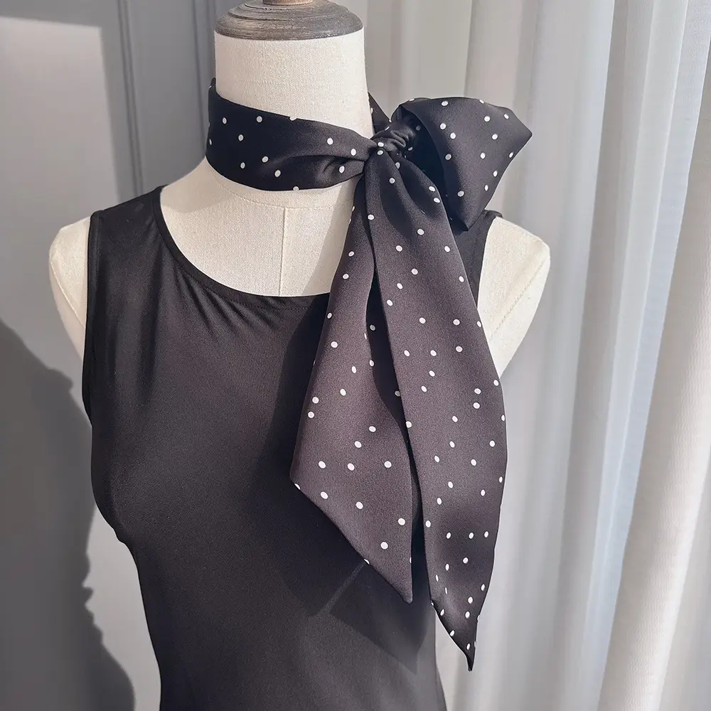 Black Silk Scarf with White Dot Pattern for Women — feature 4