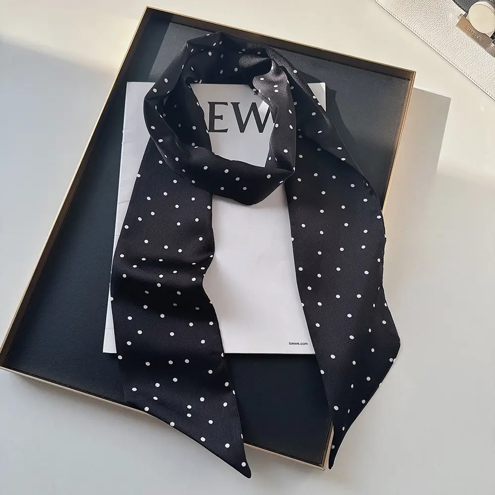 Black Silk Scarf with White Dot Pattern for Women — feature 5