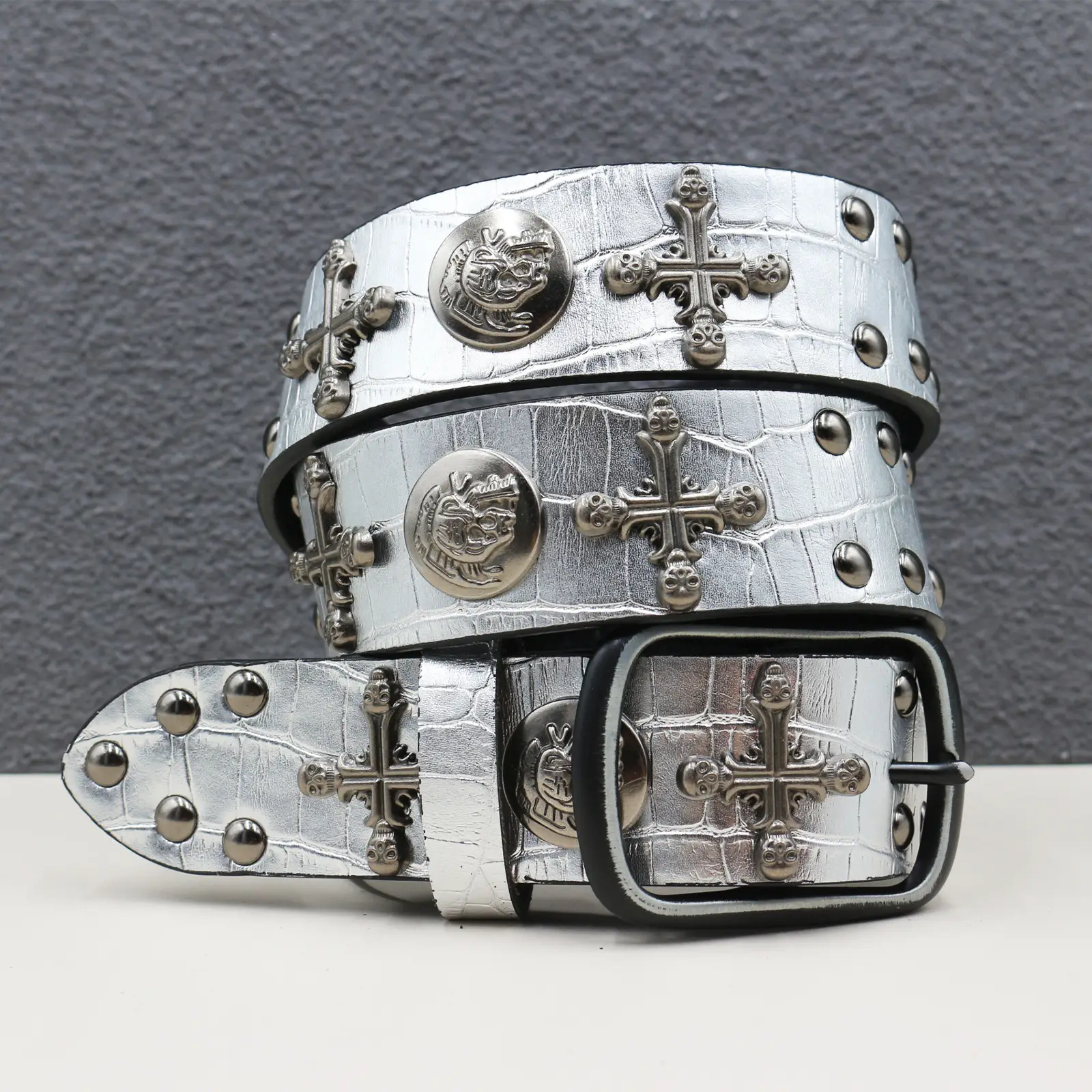Black Cross Skull Rivet Belt for Men Women Wholesale - Image 58