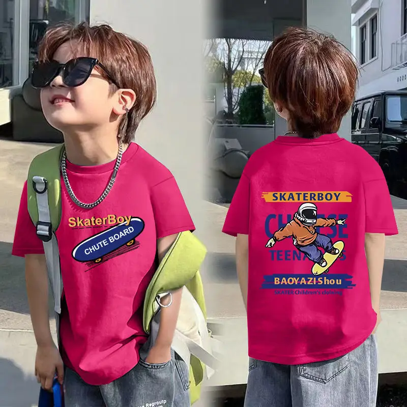 Boys Red Cotton T-Shirt with Dragon Back Design