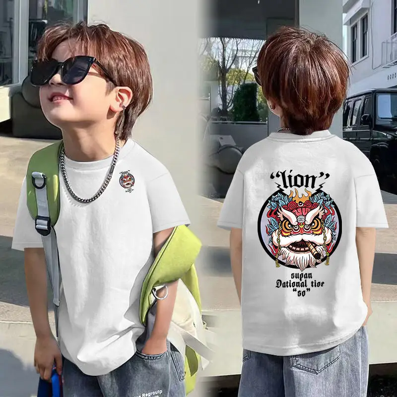 Boys Red Cotton T-Shirt with Dragon Back Design