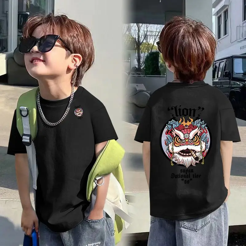 Boys Red Cotton T-Shirt with Dragon Back Design