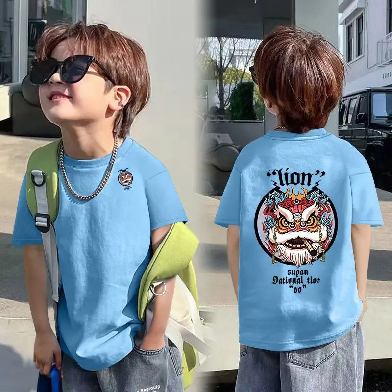 Boys Red Cotton T-Shirt with Dragon Back Design