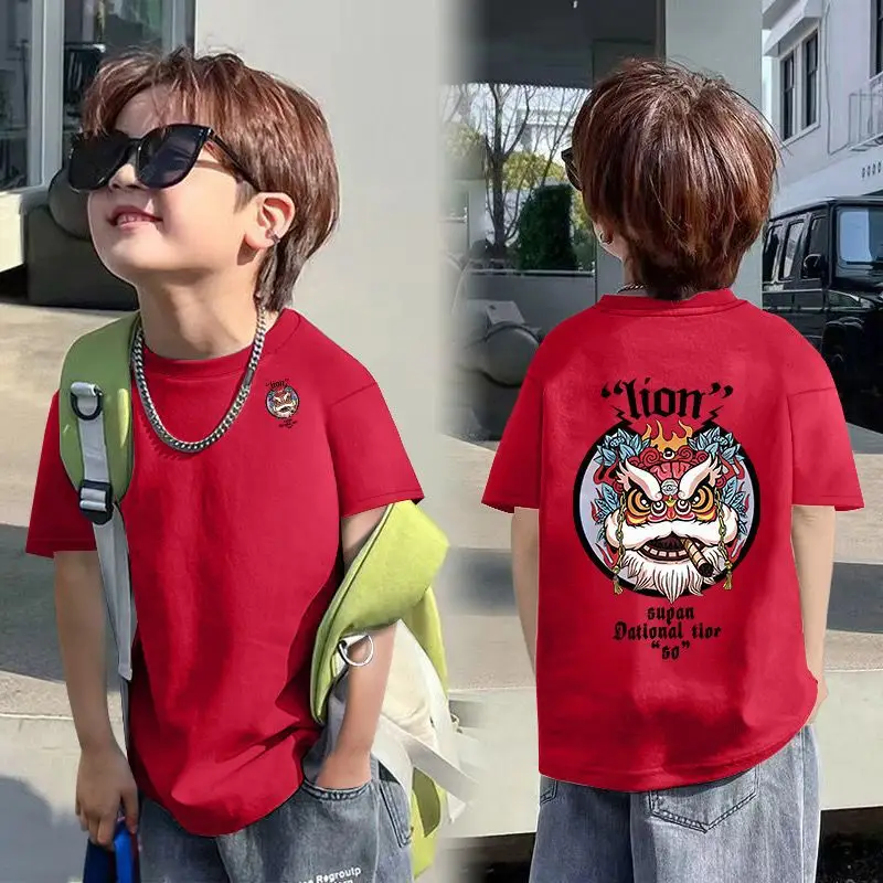 Boys Red Cotton T-Shirt with Dragon Back Design