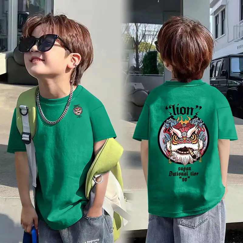 Boys Red Cotton T-Shirt with Dragon Back Design