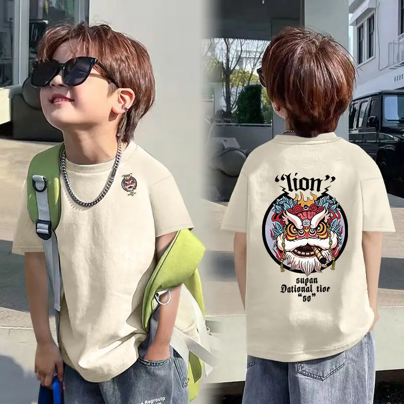 Boys Red Cotton T-Shirt with Dragon Back Design