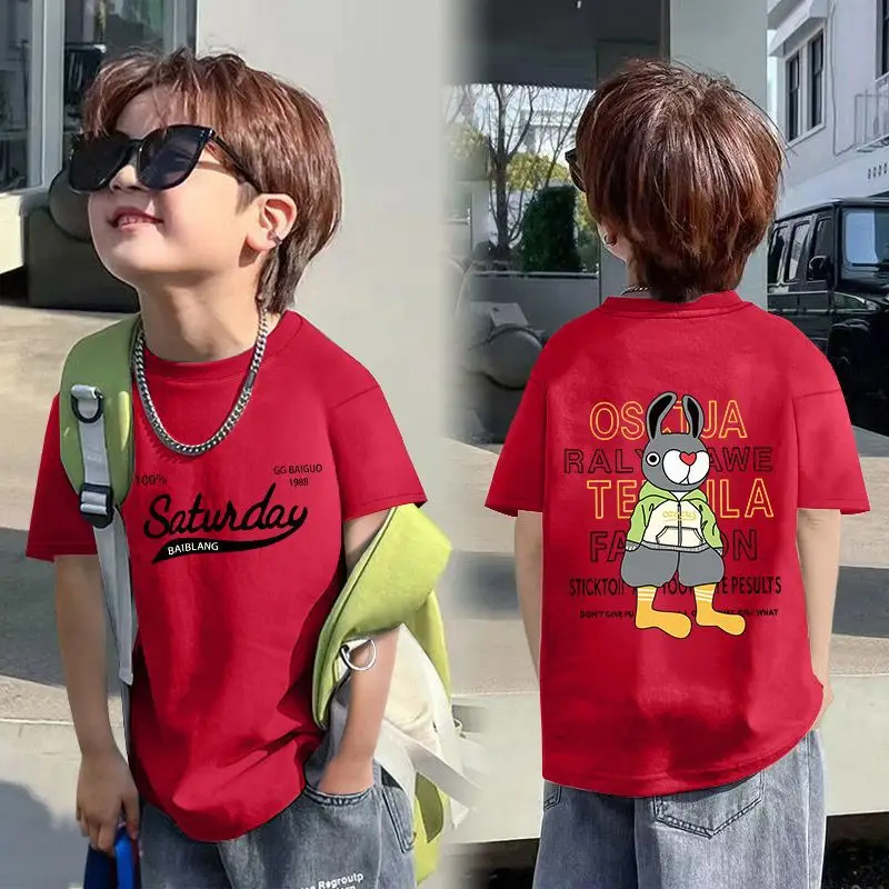 Boys Red Cotton T-Shirt with Dragon Back Design