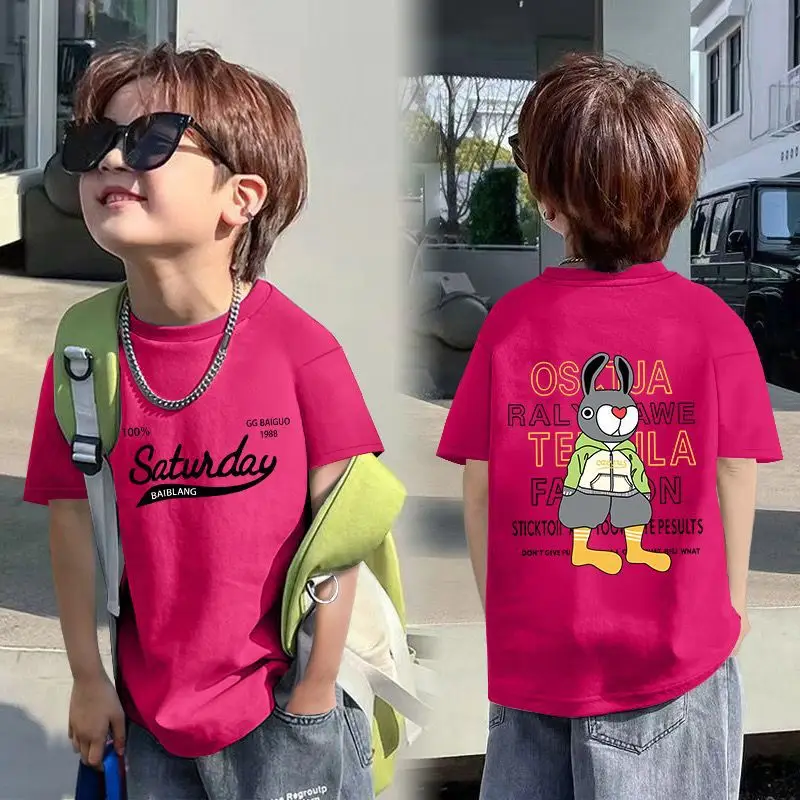 Boys Red Cotton T-Shirt with Dragon Back Design