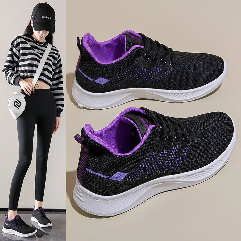 Women Fly Woven Mesh Casual Sneakers Black Purple