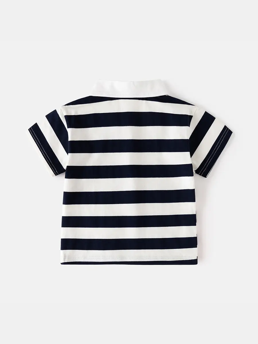 2025 Boys Striped Polo Shirt Navy White Kids Casual Short Sleeve