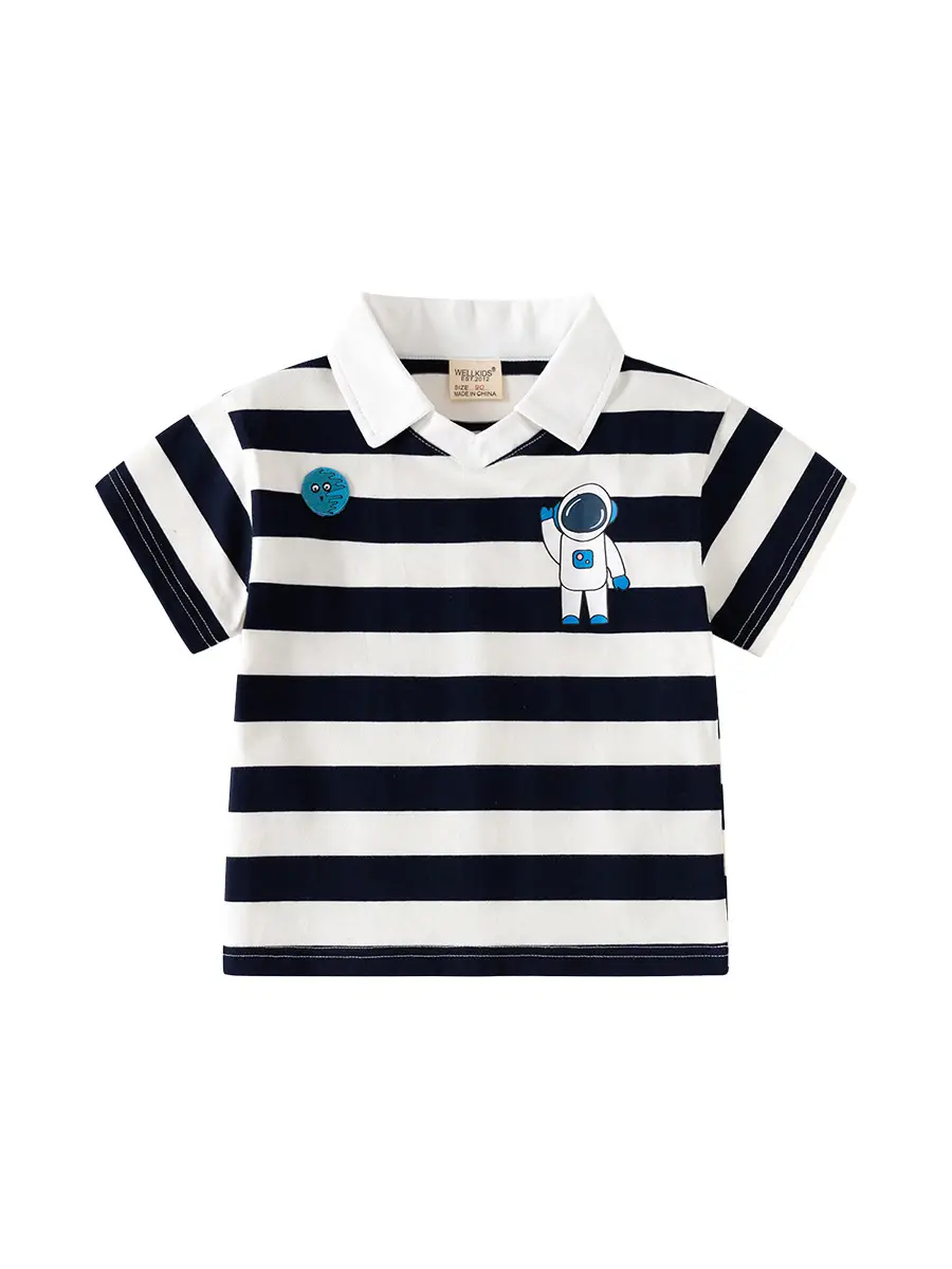 2025 Boys Striped Polo Shirt Navy White Kids Casual Short Sleeve