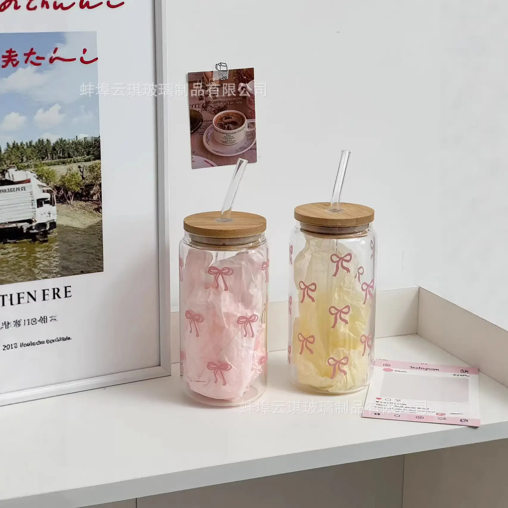 Cross-Border Cute Glass Cup with Lid & Decal