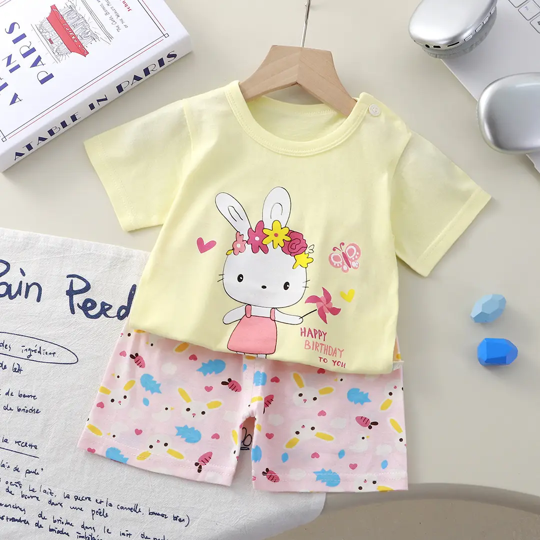 New Boys Cotton Bunny Print Suit Yellow Pink - Image 5
