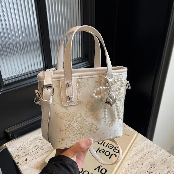 Women's Grey Embroidered Shoulder Bag with Pearl Tassel