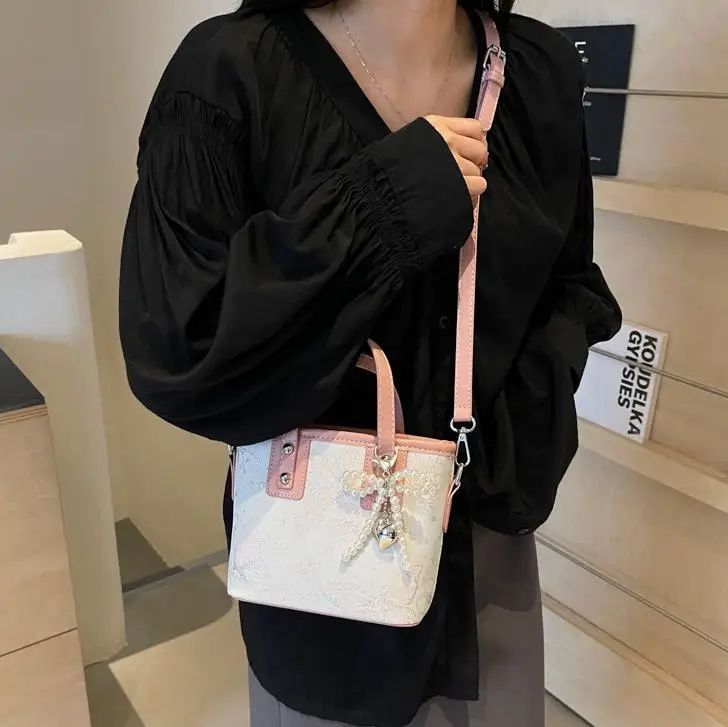 Women's Grey Embroidered Shoulder Bag with Pearl Tassel