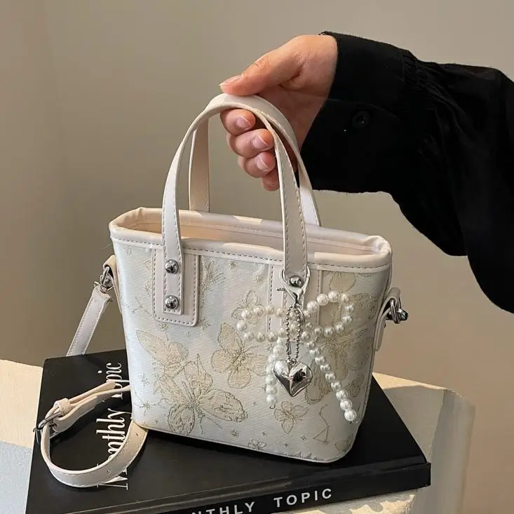 Women's Grey Embroidered Shoulder Bag with Pearl Tassel