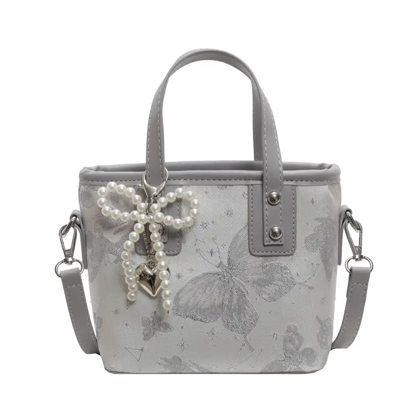 Women's Grey Embroidered Shoulder Bag with Pearl Tassel