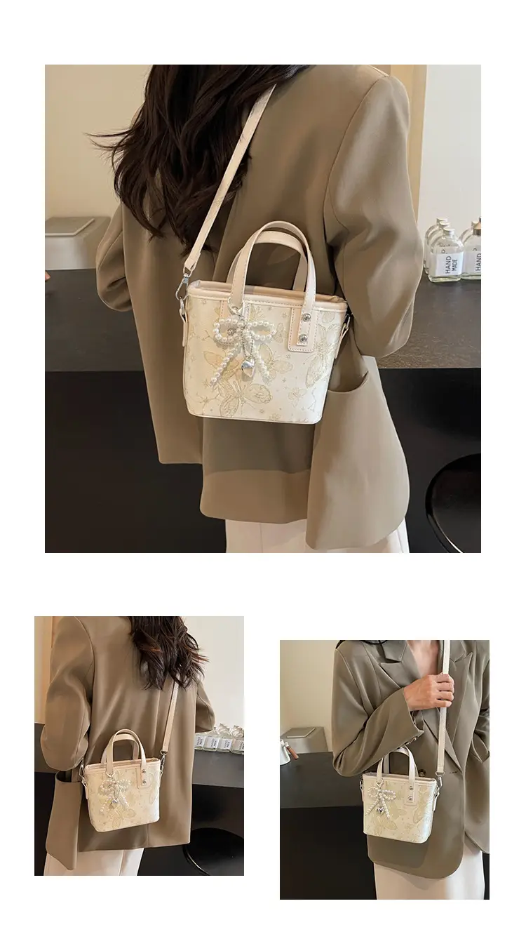 Women's Grey Embroidered Shoulder Bag with Pearl Tassel — feature 12