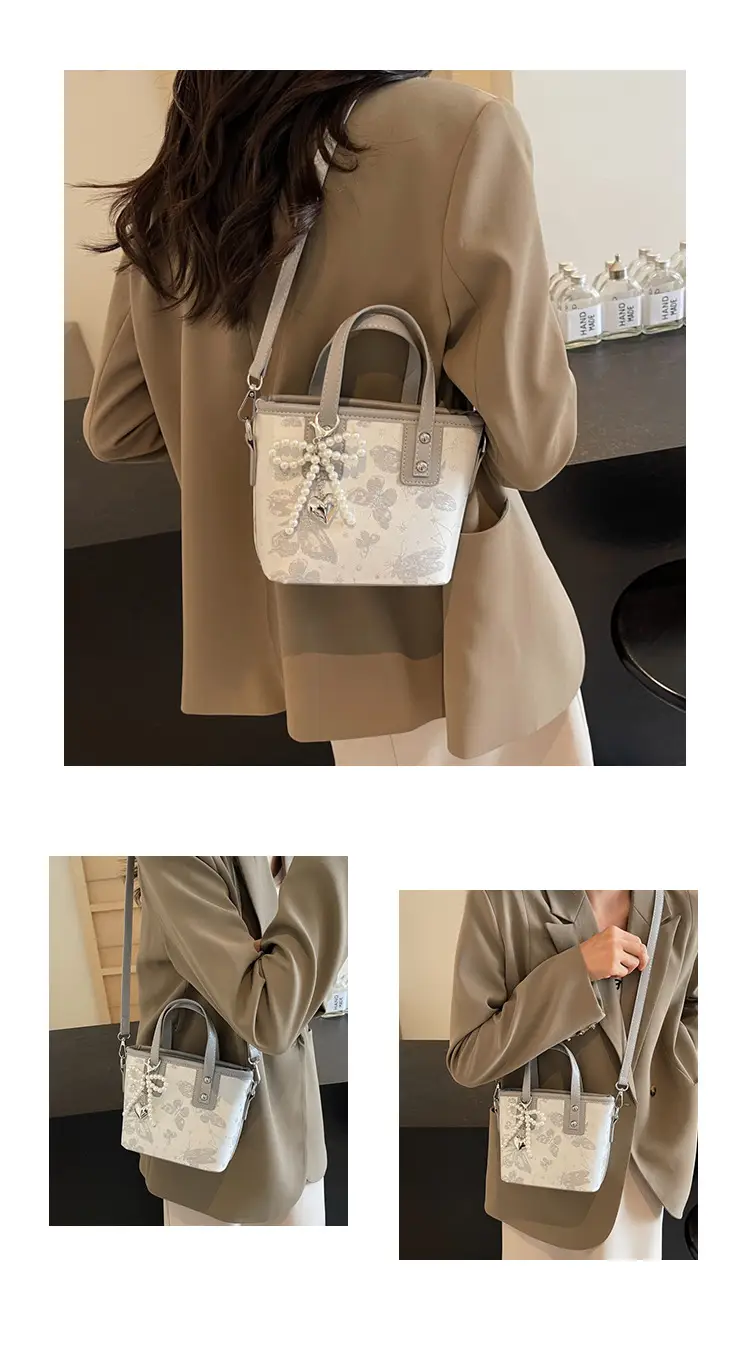 Women's Grey Embroidered Shoulder Bag with Pearl Tassel — feature 14