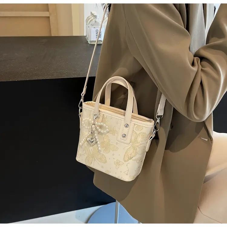 Women's Grey Embroidered Shoulder Bag with Pearl Tassel — feature 16