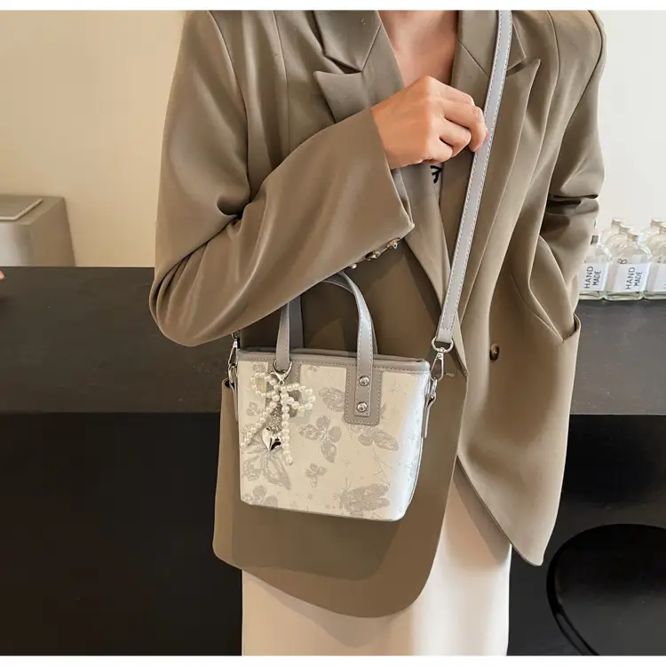 Women's Grey Embroidered Shoulder Bag with Pearl Tassel — feature 19