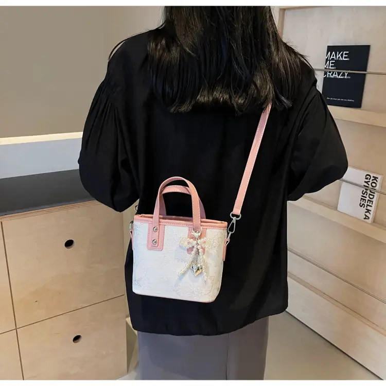 Women's Grey Embroidered Shoulder Bag with Pearl Tassel — feature 20