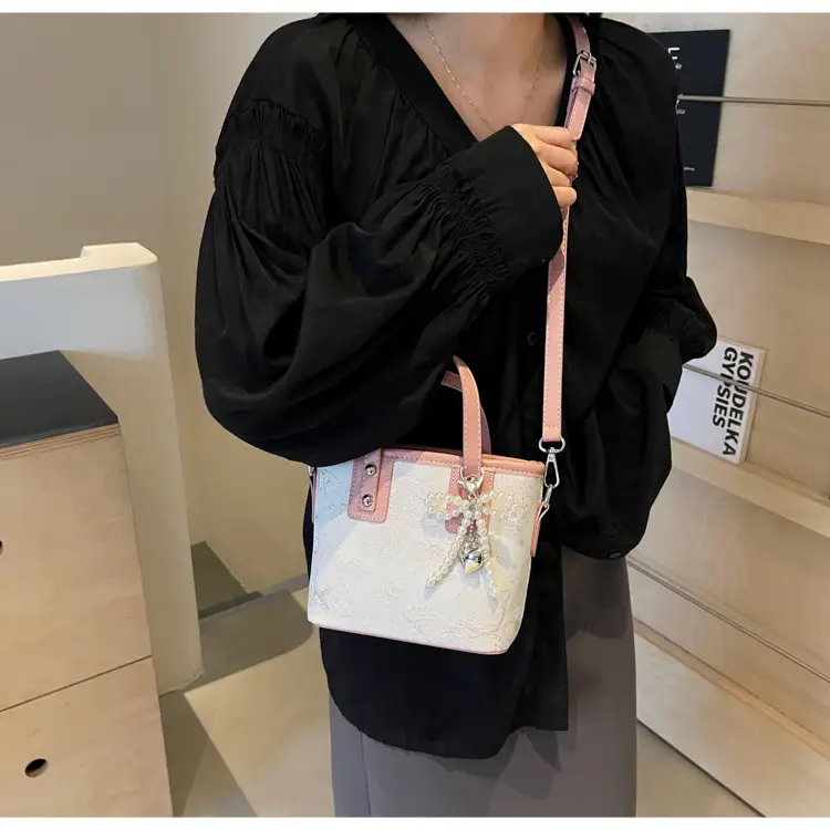 Women's Grey Embroidered Shoulder Bag with Pearl Tassel — feature 21