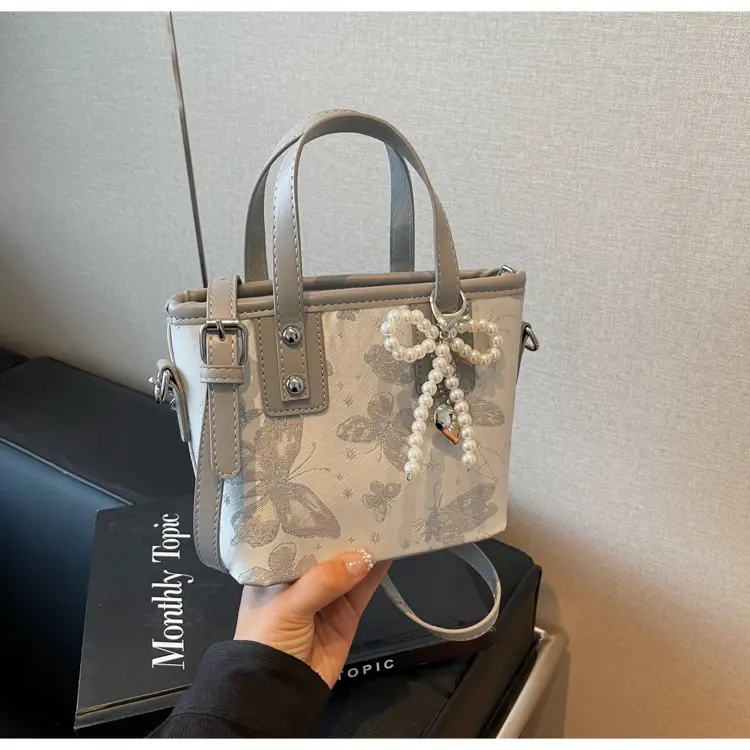Women's Grey Embroidered Shoulder Bag with Pearl Tassel — feature 22