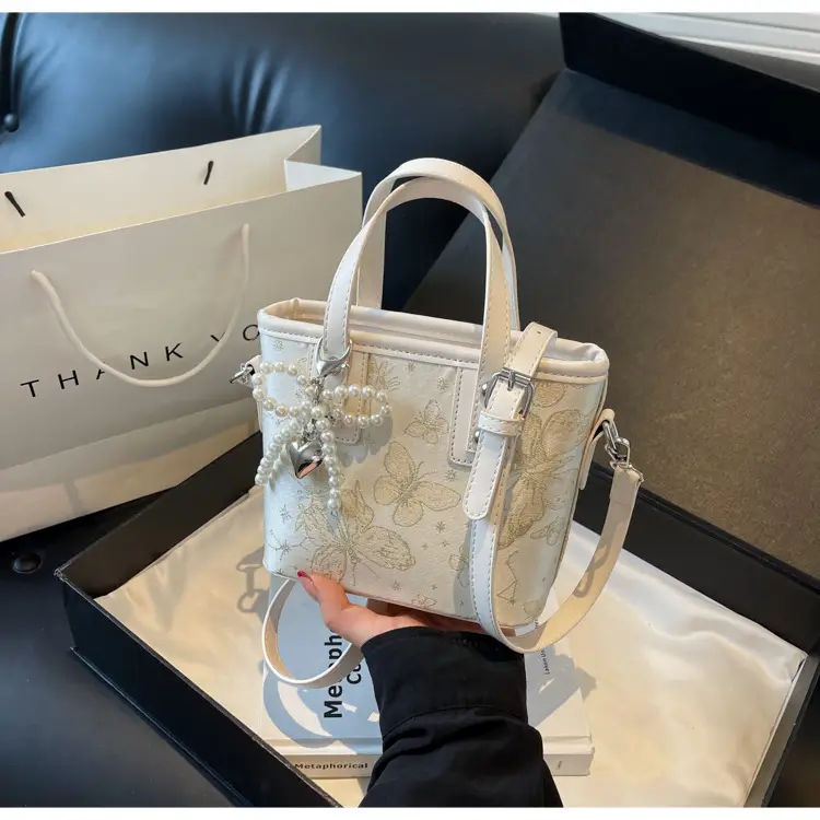 Women's Grey Embroidered Shoulder Bag with Pearl Tassel — feature 23