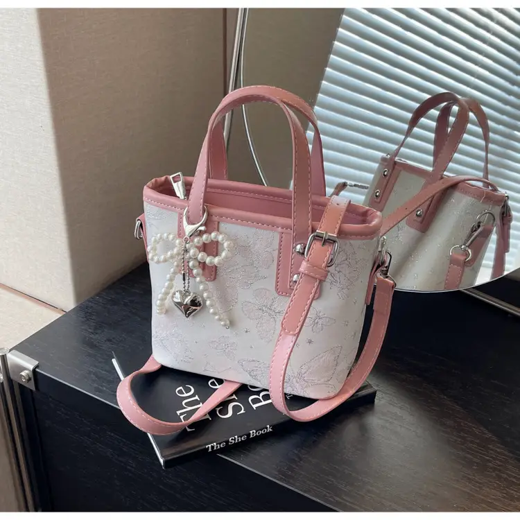Women's Grey Embroidered Shoulder Bag with Pearl Tassel — feature 24