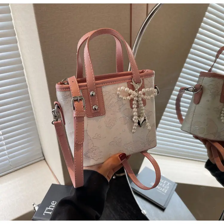 Women's Grey Embroidered Shoulder Bag with Pearl Tassel — feature 25