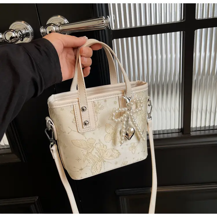 Women's Grey Embroidered Shoulder Bag with Pearl Tassel — feature 26