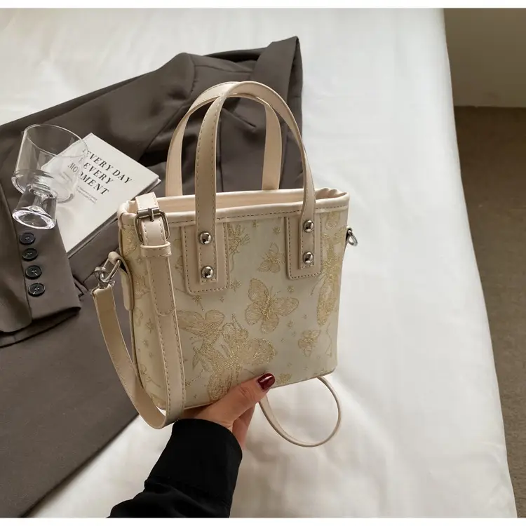 Women's Grey Embroidered Shoulder Bag with Pearl Tassel — feature 27