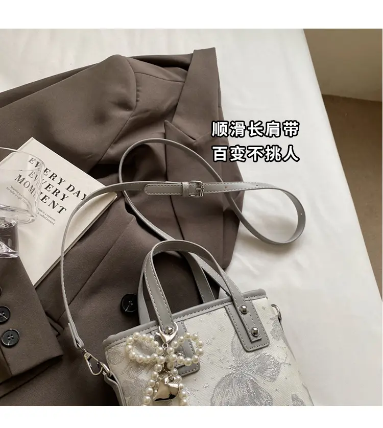 Women's Grey Embroidered Shoulder Bag with Pearl Tassel — feature 4