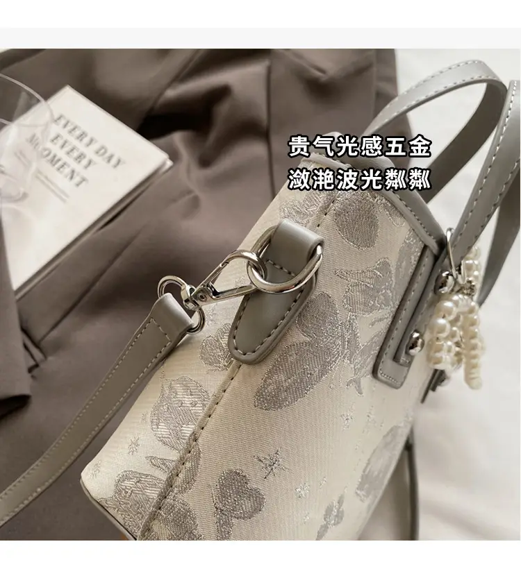 Women's Grey Embroidered Shoulder Bag with Pearl Tassel — feature 5